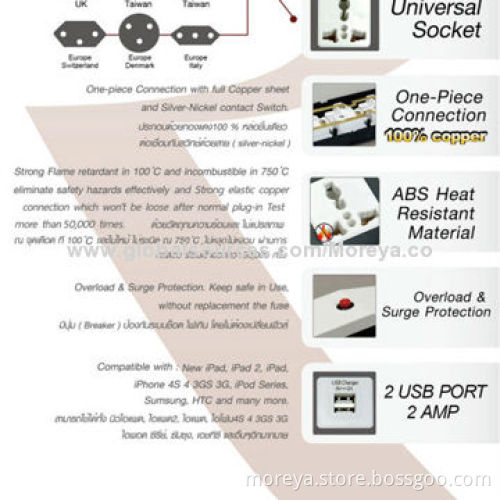 Universal Standard Power Strip, 4-socket Outlet, Individual Switch and Surge/Overload Protection